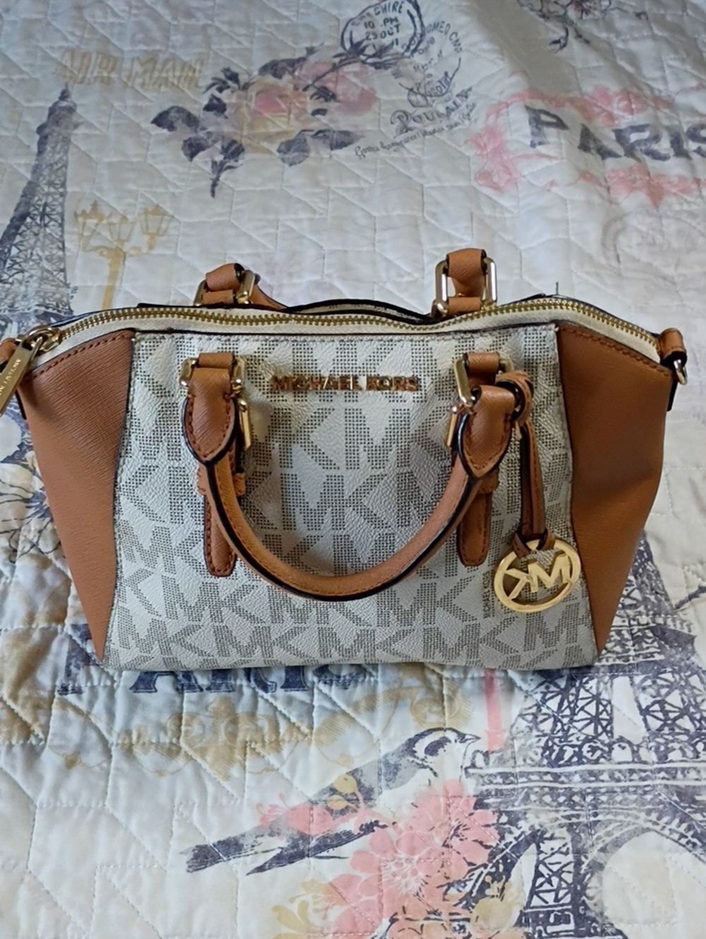 Michael Kors Brown And Cream Colored Structured Hand / Crossbody Monogram Purse